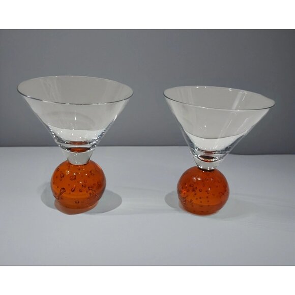 E Cointreau Martini Glasses Hand Blown Bubble Orange Ball Base Signed Barware - Picture 1 of 10